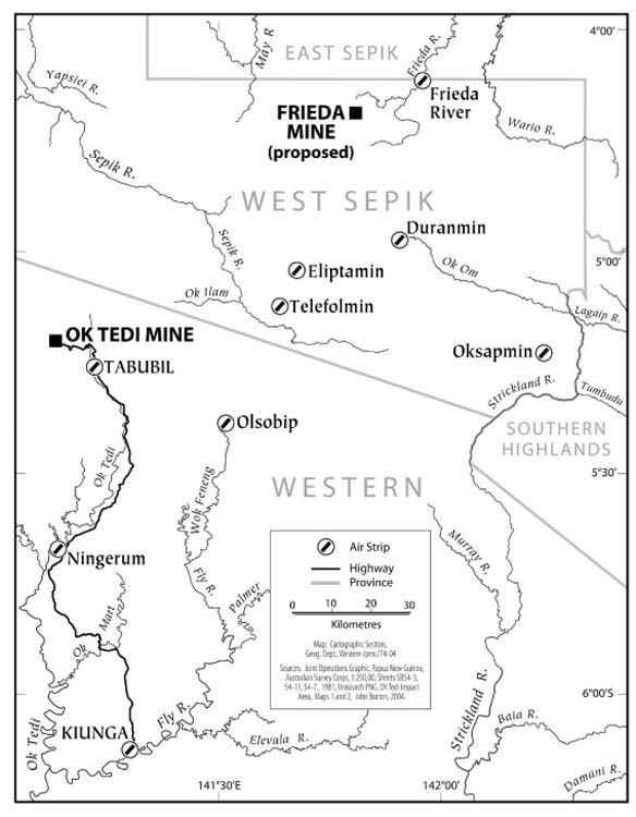 Map of the Ok Tedi Mine, Ok Tedi River, Tabubil Town and Kiunga Town