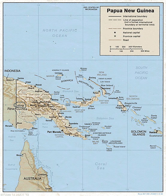 Map of Papua New Guinea that shows the area of the Ok Tedi mine, Kiunga and Western Province in perspective to PNG.