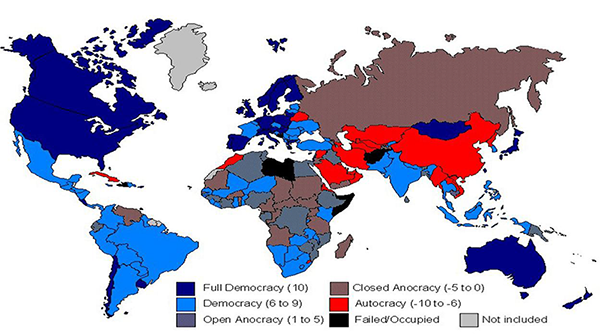 Map showing the distribution of governance regimes in the global system